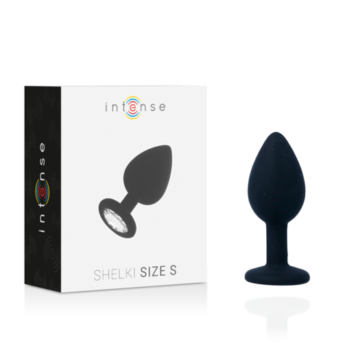 Plug anal Shelki S negru din silicon, cu bază lată și cristal transparent