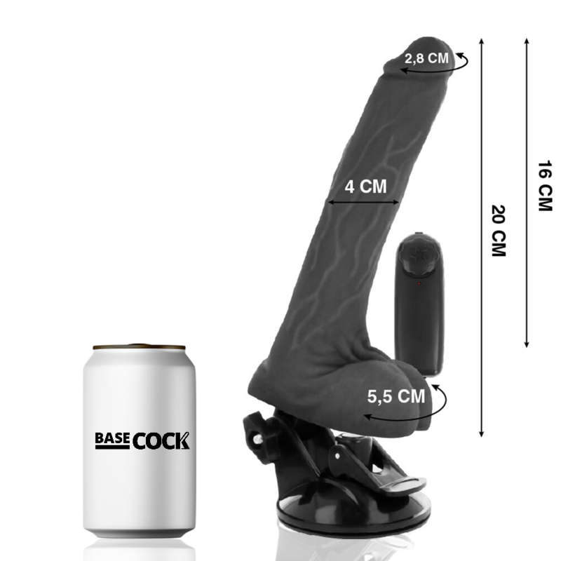 BASECOCK - VIBRADOR REALÍSTICO DE CONTROLE REMOTO PRETO COM TESTÍCULOS 20 CM -O- 4 CM