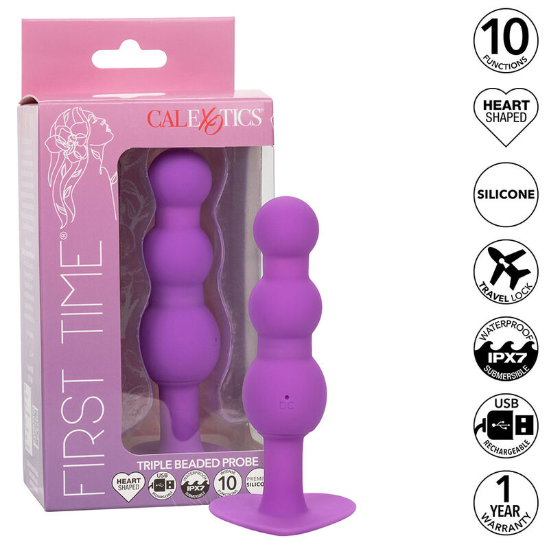 CALEXOTICS - FIRST TIME PLUG ANAL SONDA TRIPLA DE CONTAS 10 VIBRAÇÕES ROXO