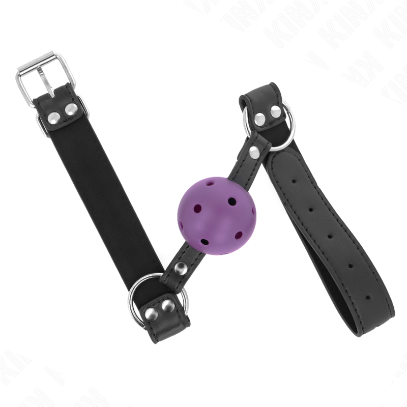 KINK - BOLA RESPIRÁVEL 4 CM MORDAÇA COM REBITE DUPLO ROXO 62,5 x 2,5 CM AJUSTÁVEL 42-58 CM