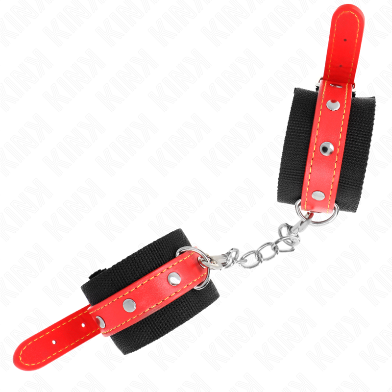 KINK - PUNHOS DE NYLON PRETO COM COURO VERMELHO AJUSTÁVEIS 19-24 CM X 5,5 CM