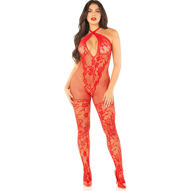 LEG AVENUE – BODYSTOCKING Z SIATKI Z NADRUKIEM KWIATÓW CZERWONY ROZMIAR JEDEN