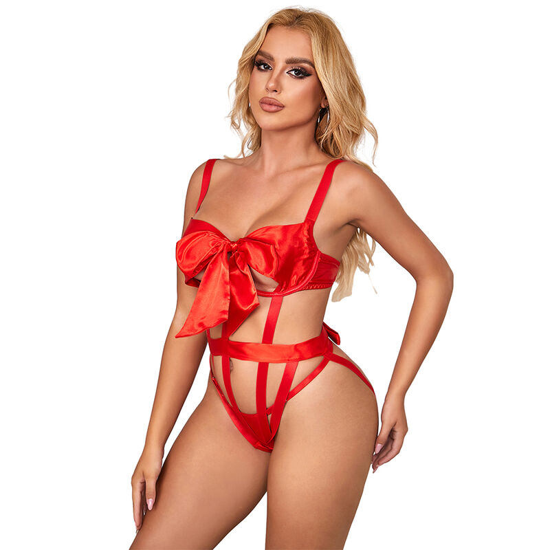 SUBBLIME – 954475 SEKSUALNE AŻUROWE BODY Z KOKARDKĄ CZERWONE L/XL