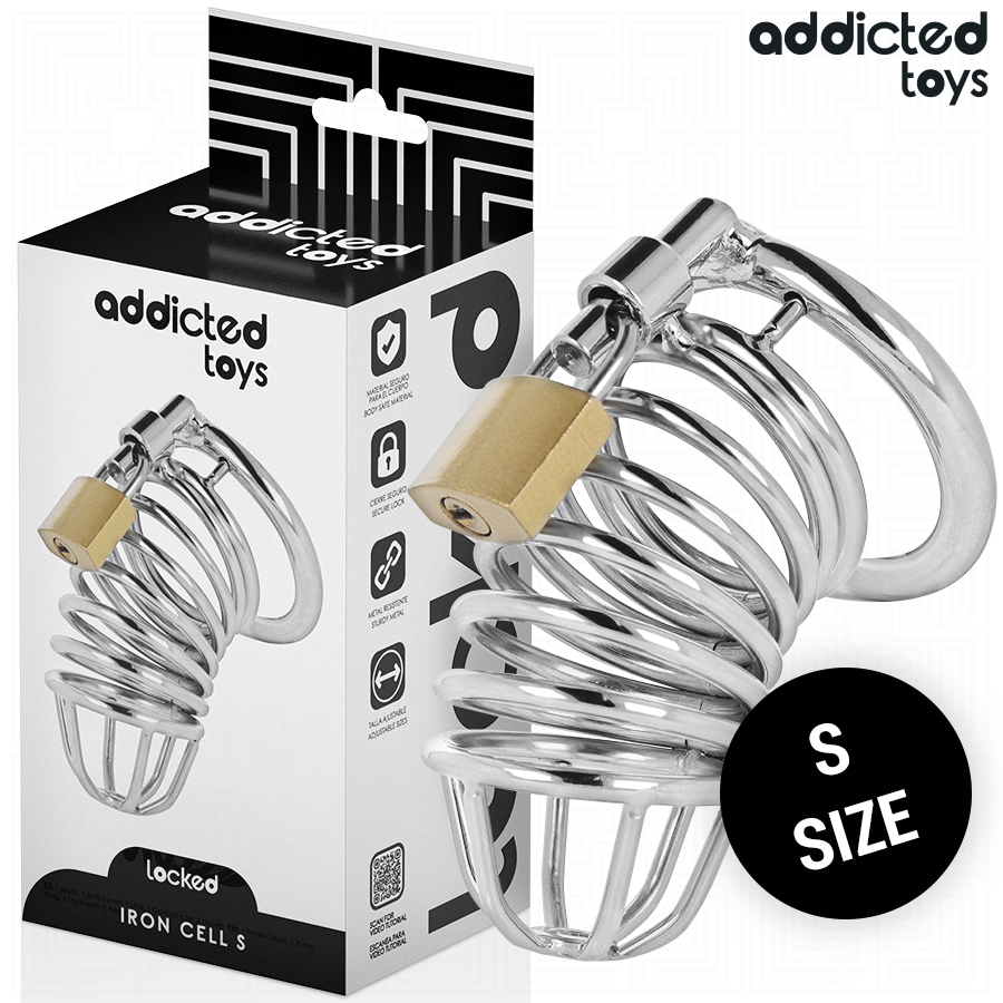 ADDICTED TOYS LOCKED – GAIOLA DE PÊNIS DE METAL COM CÉLULA DE FERRO 4 CM TAMANHO S
