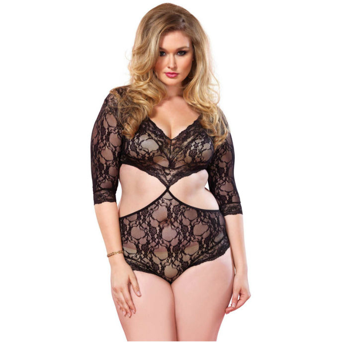 LEG AVENUE CUT OUT FLORAL LACE TEDDY PLUS SIZE