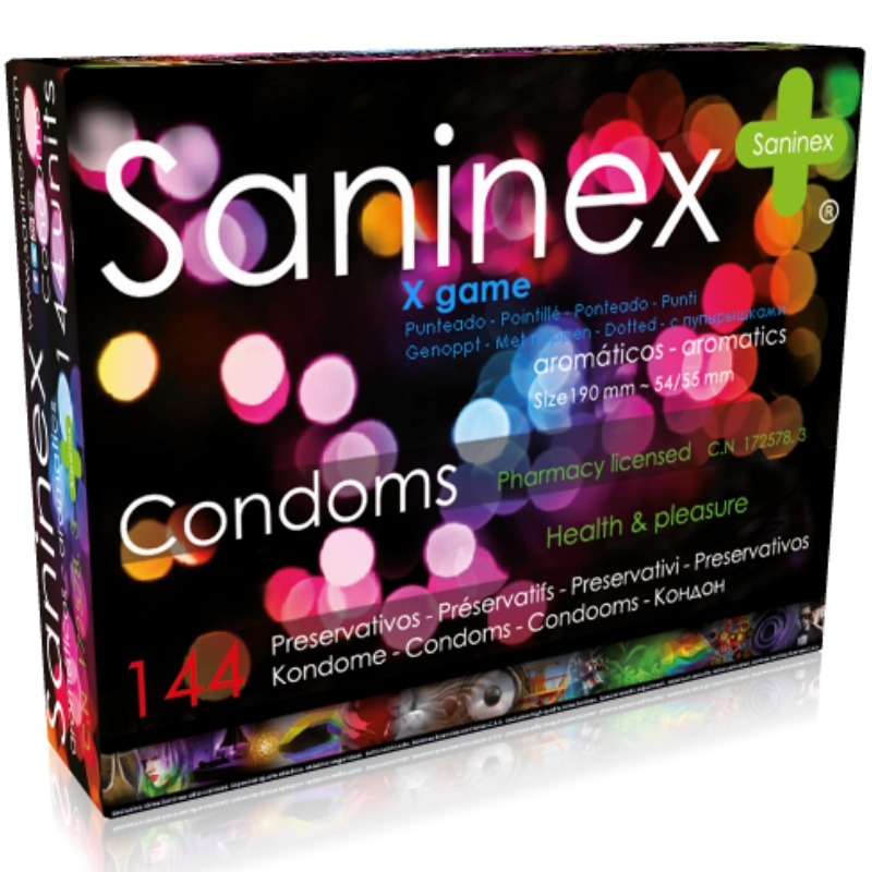 SANINEX CONDOMS X GAME AROMATIC AND DOTTED CONDOMS 144  UNITS