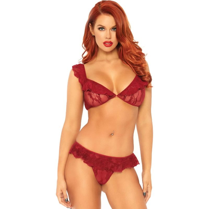 LEG AVENUE 2 PIECES SET LACE BRALETTE AND RUFFLE THONG BURGUNDY ONE SIZE